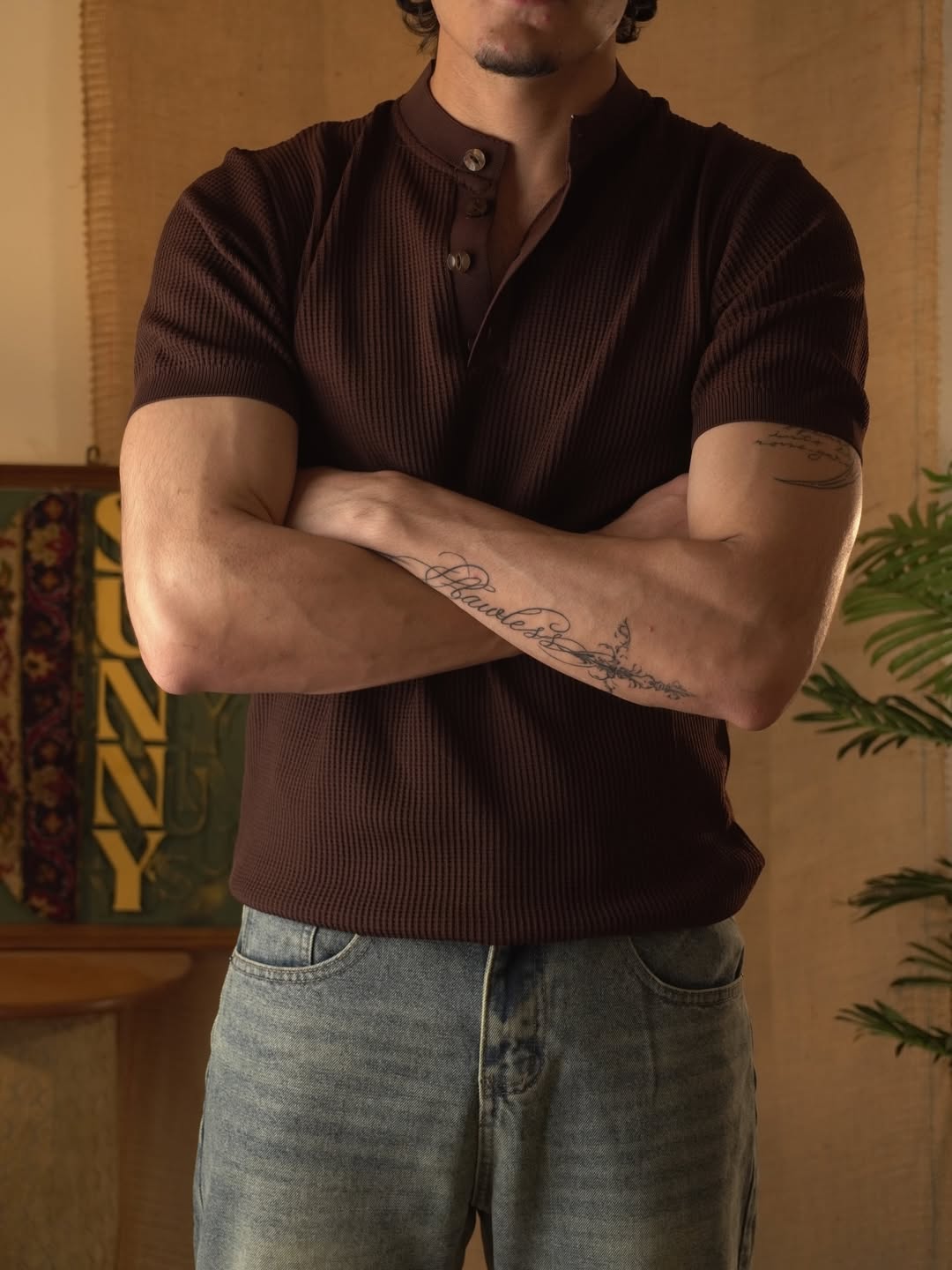 Cotton Knit Henley T-Shirt – Brown