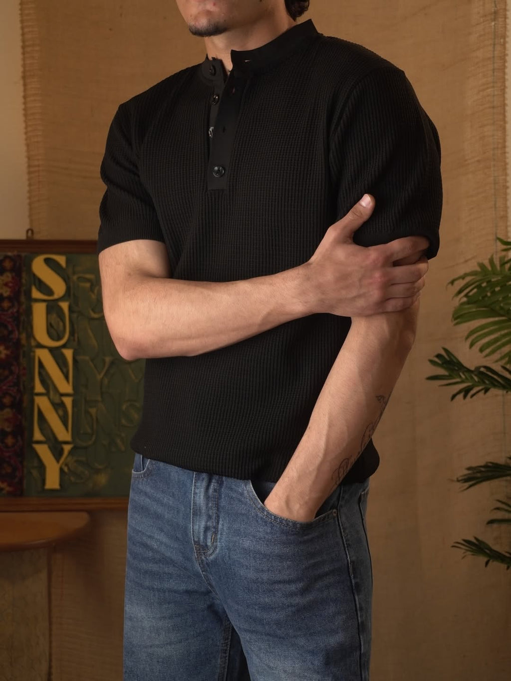 Cotton Knit Henley T-Shirt – Black