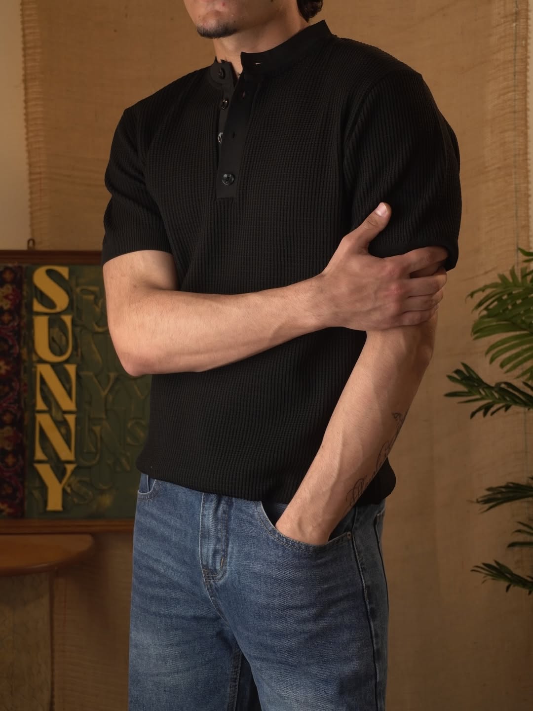 Cotton Knit Henley T-Shirt – Black
