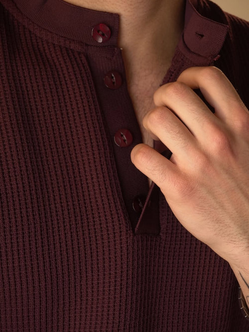 Cotton Knit Henley T-Shirt – Burgundy